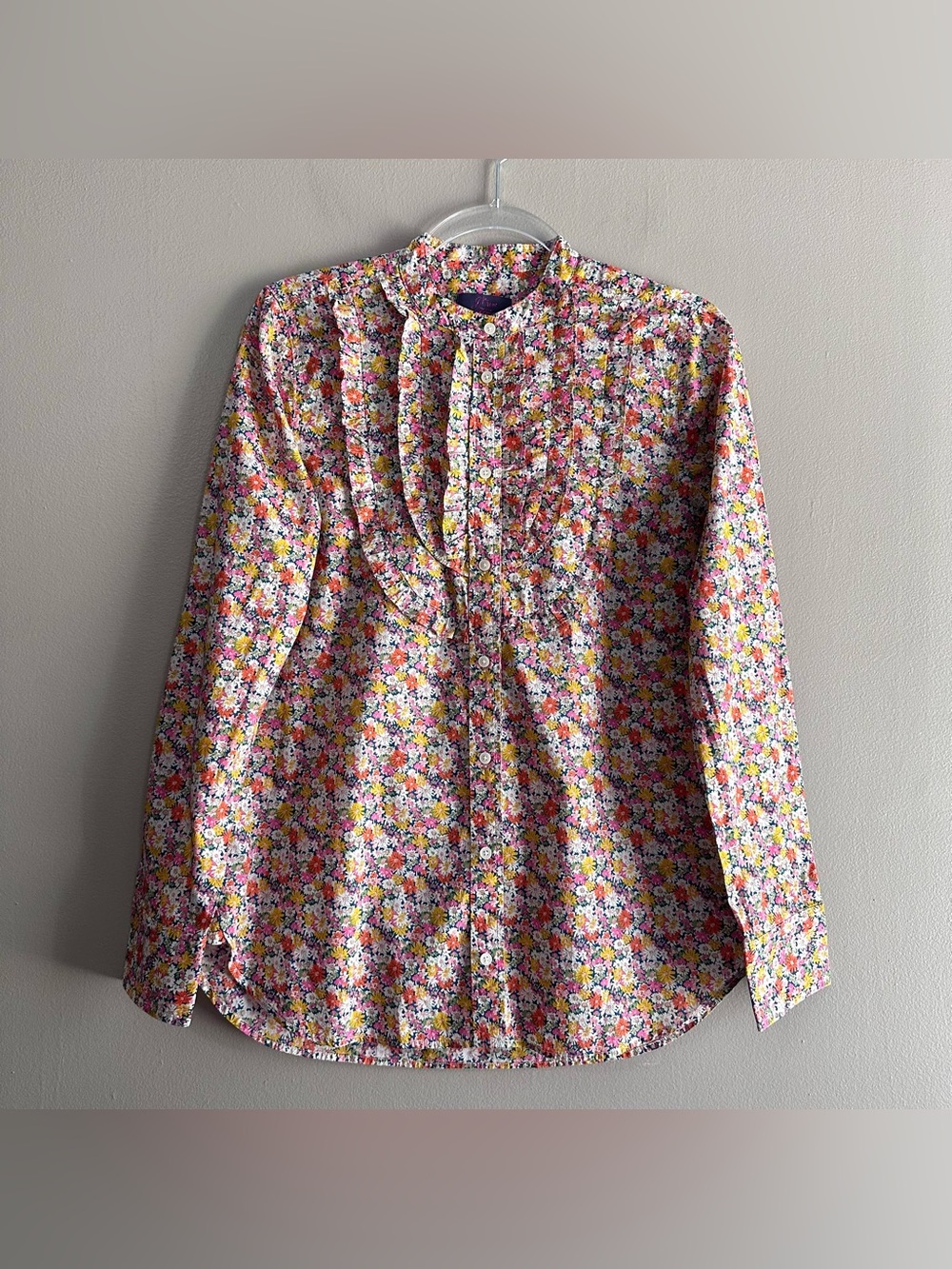 J. Crew Liberty Orange Floral Band Collar Ruffle Buttondown Shirt Womens Medium
